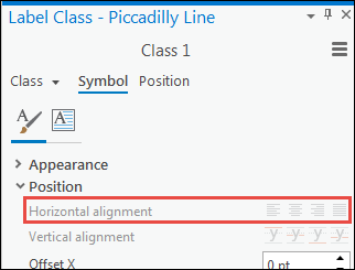 En el panel Clase de etiqueta, en la pestaña Símbolo, dentro de la sección Posición, la opción de alineación horizontal está deshabilitada y atenuada.