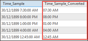 [時間フィールドの変換 (Convert Time Field)] ツールの結果が新しいフィールドである [Time_Sample_Converted] に入力されます。 時間の値が hh:mm tt の形式で表示されます。 出力は「07:30 AM」のようになります。