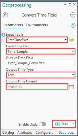 [時間フィールドの変換 (Convert Time Field)] ツール ウィンドウにパラメーターを入力します。 [入力テーブル]、[入力時間フィールド]、[出力時間タイプ] の各セクションで、各ボックスの隣にあるドロップダウン矢印をクリックしてパラメーターを選択します。 [出力時間形式] でカスタム時間形式として「hh:mm tt」と入力します。 ウィンドウの右下にある [実行] をクリックしてツールを実行します。