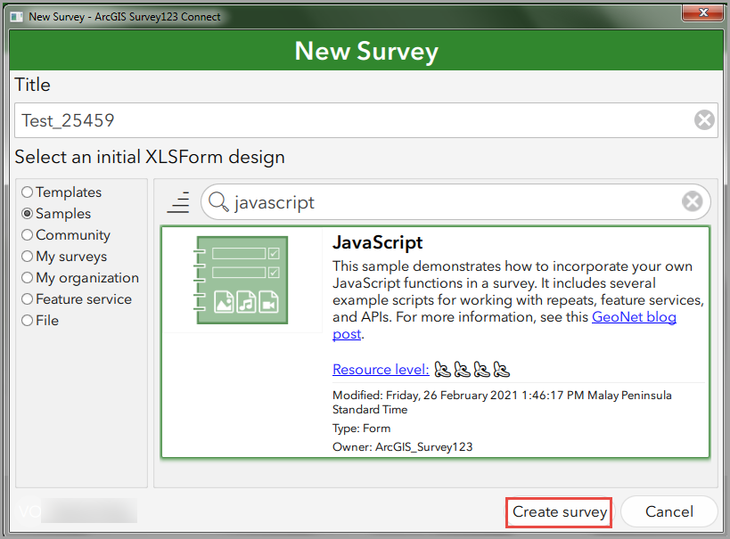 Selecting the JavaScript sample in ArcGIS Survey123 Connect.