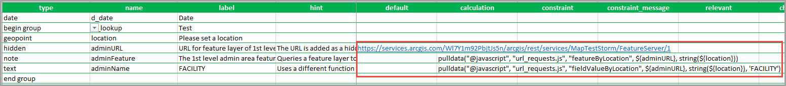 The example of the featureByLocation and fieldValueByLocation functions used in the calculation columns for query purposes.