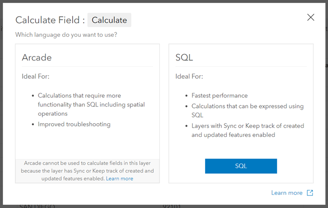 ArcGIS Online 中“计算字段”的弹出窗口