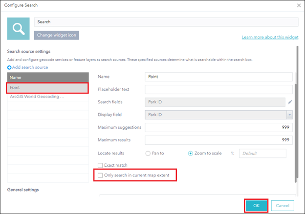 取消选中“搜索”微件的“仅在当前地图范围内搜索”复选框以搜索所有匹配结果，而不考虑地图范围。