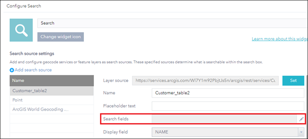 在“搜索”微件设置中添加一个或多个搜索字段以搜索相应字段中的要素。
