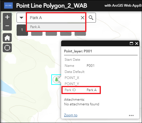 如果选中“完全匹配”复选框，则按下键盘上的 Enter 键或单击“搜索”微件中的“搜索”按钮将缩放至完全匹配的要素。