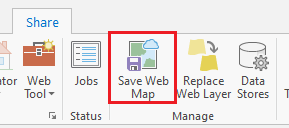 ArcGIS Pro 中的“共享”功能区，以及用于将在 ArcGIS Pro 中进行的编辑内容同步到 ArcGIS Online 的“保存 web 地图”按钮