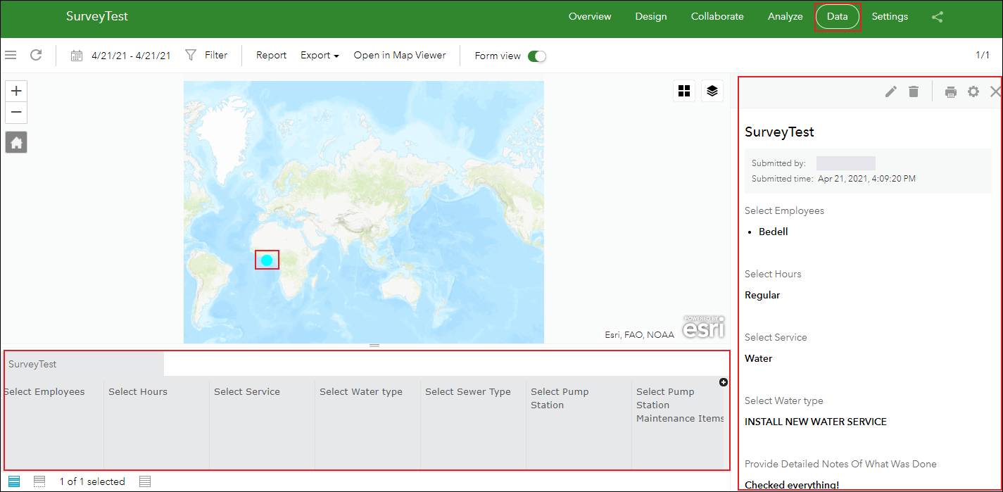 ArcGIS Survey123 网站上的“数据”选项卡显示了不含记录的调查数据表。