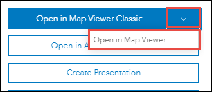O botão 'Abrir no Map Viewer Classic' é colorido em azul, e para acessar a opção de abrir o mapa da web no novo Map Viewer, clique na seta suspensa ao lado do botão azul e selecione 'Abrir no Map Viewer'