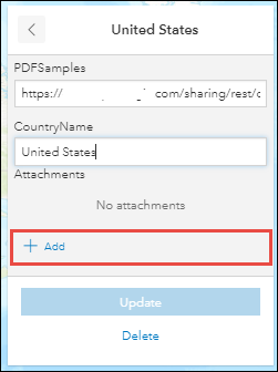 No painel Editor, clique no ícone Adicionar na seção Anexos para adicionar o PDF como um anexo à feição.