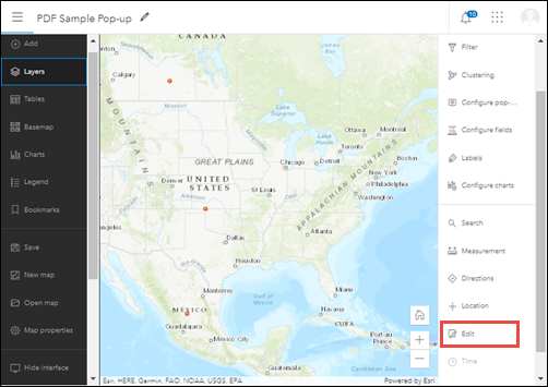 O Map Viewer exibe duas barras de ferramentas verticais na página, uma à esquerda (escura) e outra à direita (clara). Para iniciar a edição no Map Viewer, navegue até a barra de ferramentas vertical à direita e clique em Editar.