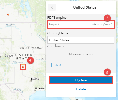 Selecione o elemento no mapa da web que contém o caminho local (rotulado como 'e') e, no painel Editor, cole a URL do arquivo PDF copiada na Etapa 3 no campo que contém o caminho local para substituir o caminho local (rotulado 'f') e clique no botão Atualizar em azul na parte inferior do painel Editor (rotulado como 'g').