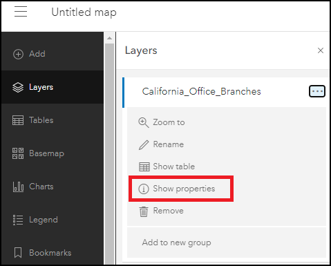 アイテムの [プロパティの表示] オプションを表示する [レイヤー] ウィンドウ。