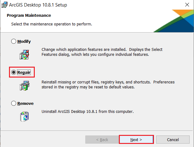 ArcGIS Desktop 安装程序页面显示了修复选项