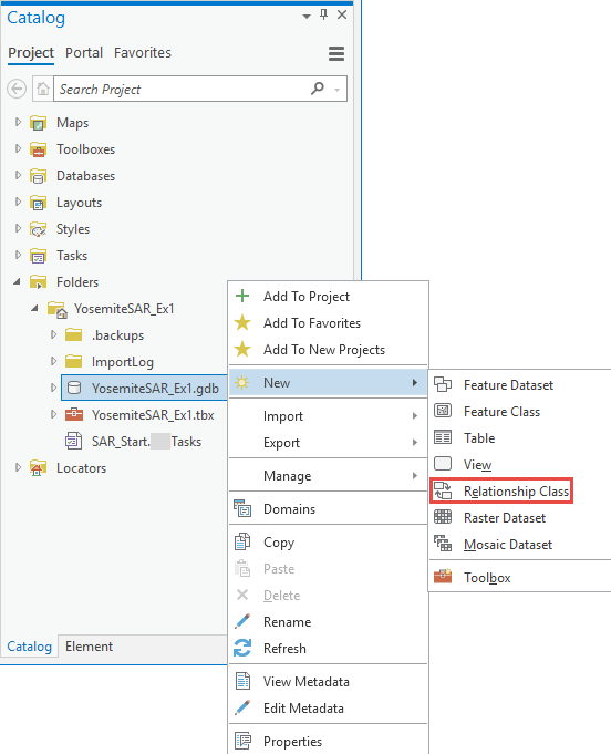 O painel Catálogo do ArcGIS Pro com a criação de uma nova seleção de Classe de Relacionamento