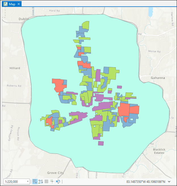 在 ArcGIS Pro 中配置的地图包含面内的面要素。