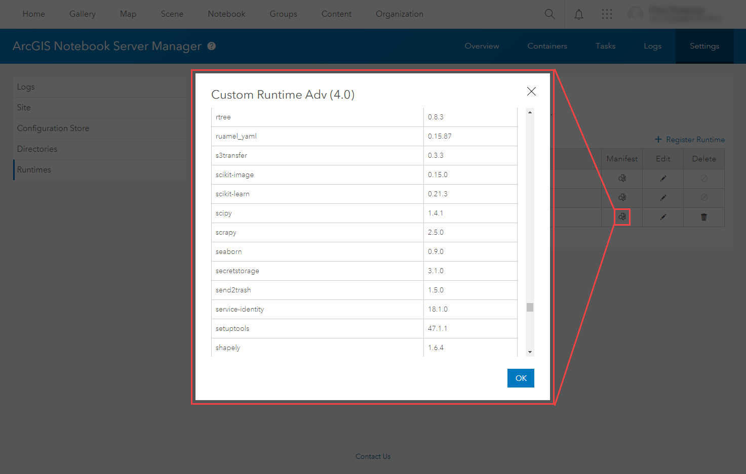 Notebook Manager exibindo bibliotecas no tempo de execução