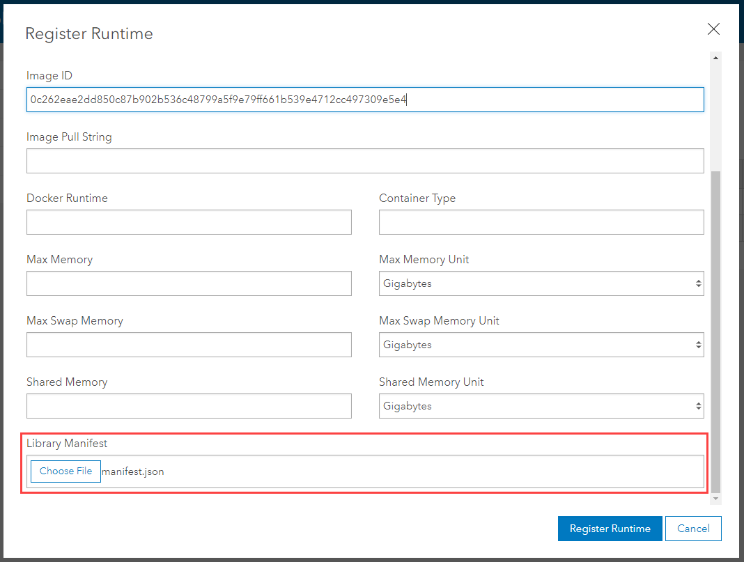 Register Runtime with image ID and selected manifest.json file