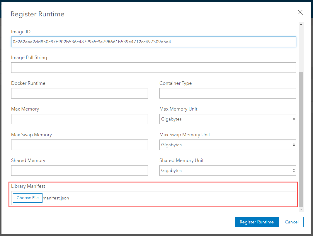 Registrar tiempo de ejecución con Id. de imagen y el archivo manifest.json seleccionado