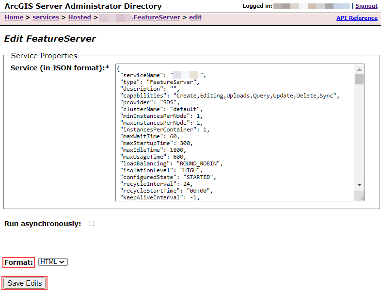 The Edit FeatureServer window in ArcGIS Server
