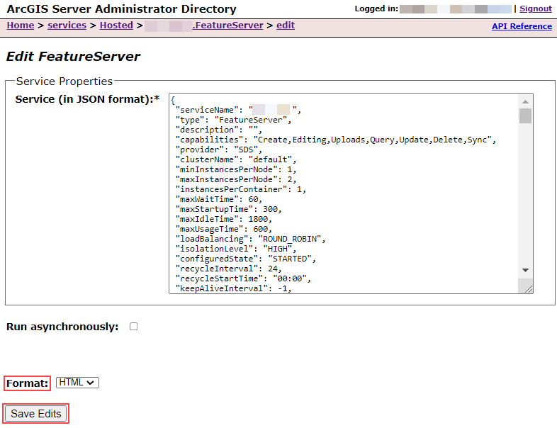 A janela Editar FeatureServer no ArcGIS Server