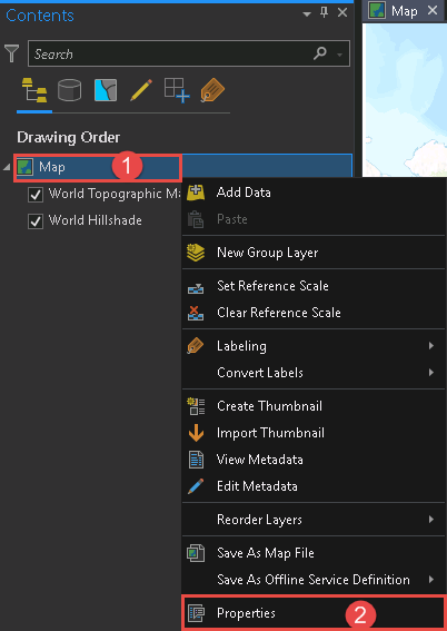 The Contents pane with the map properties of the map