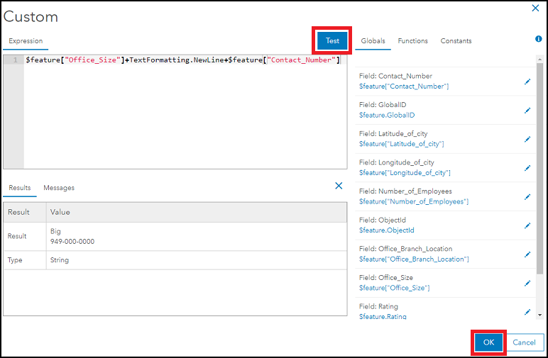 The editor window contains the expression to run and display the Test option to verify the expression.