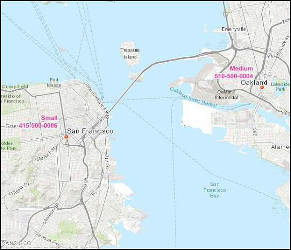 Map of the office branches in California labeled with office sizes and contact numbers on two separate lines.