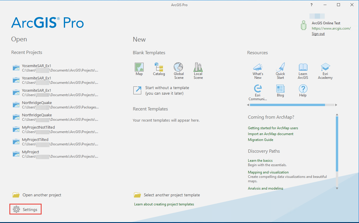 A página inicial do ArcGIS Pro