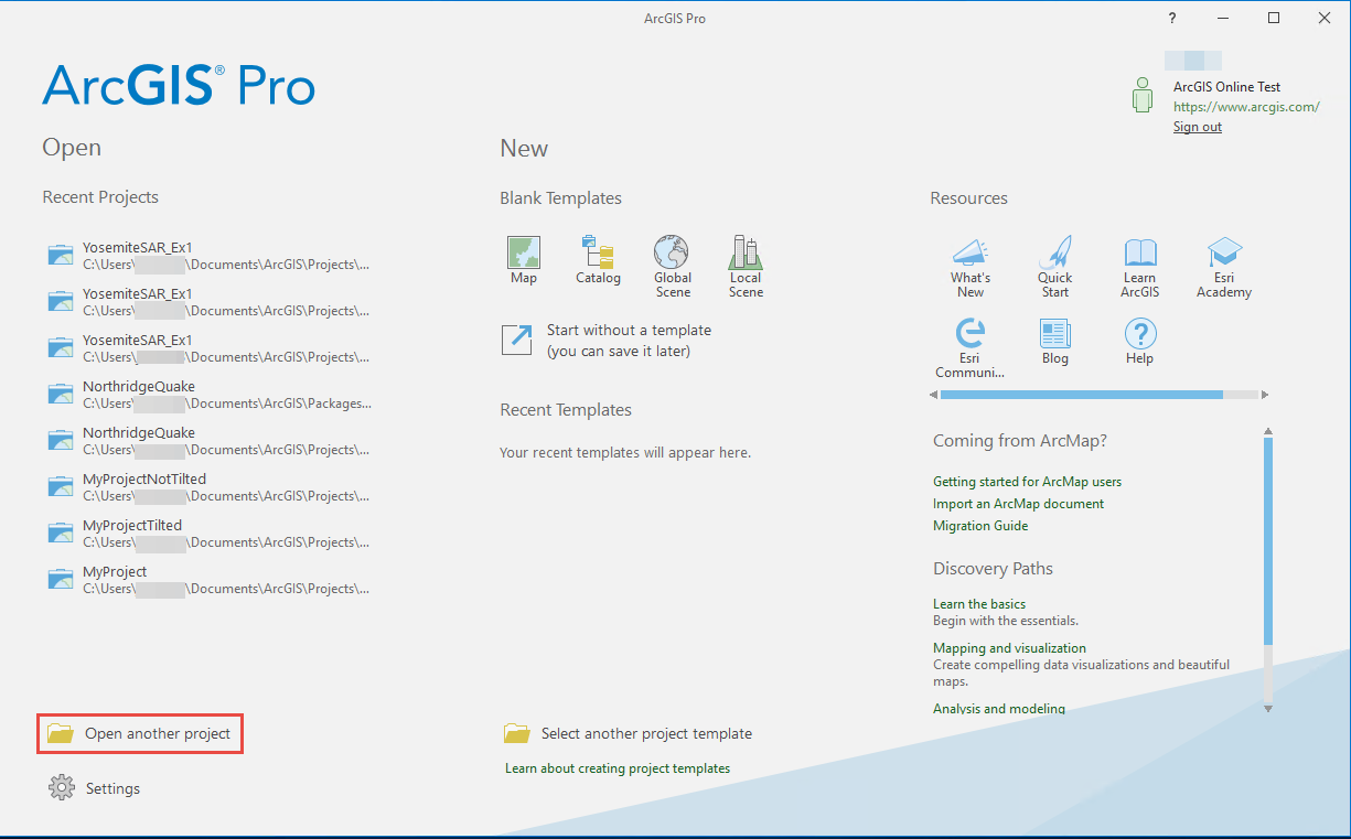 A página inicial do ArcGIS Pro