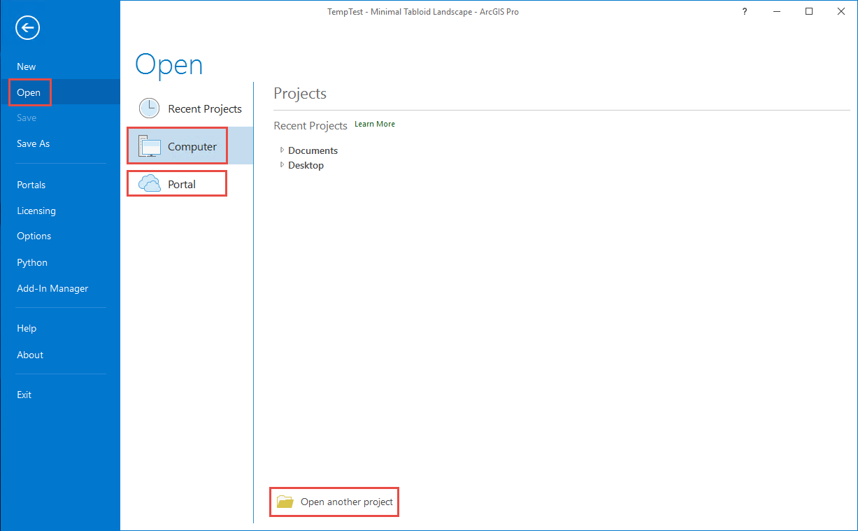 A página de configurações do ArcGIS Pro