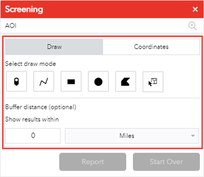 筛查微件显示绘图和坐标工具，其中没有可用的搜索框。