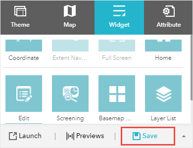 “微件”选项卡的底部显示了与 web 应用程序、启动、预览和保存相关的三个选项。