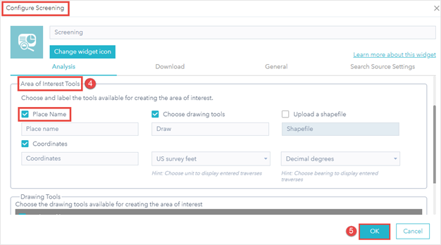 “配置筛选”窗口提供多种可用工具，可以通过选中“地点名称和坐标”复选框来启用。 .