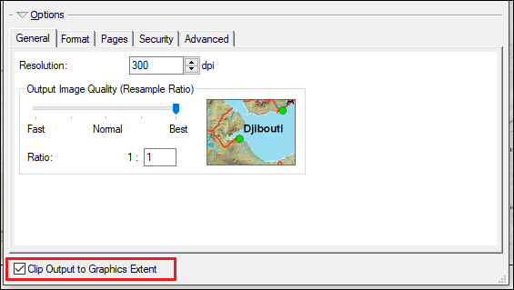 ArcMap の [グラフィックス範囲に出力をクリップ] チェックボックスをオンにし、ページ領域外にあるマップ エレメントを含めてマップをエクスポートします。