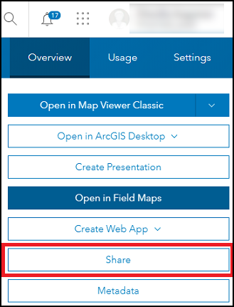 项目详细信息页面显示 ArcGIS Online 中项目的“共享”选项。
