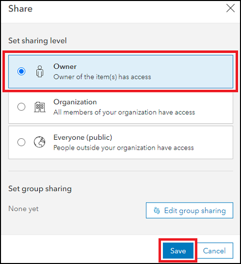 “共享”窗口显示 ArcGIS Online 中项目的可用共享级别。
