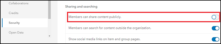 ArcGIS Online 中组织“安全性”下的“共享和搜索”部分显示了允许成员与其他组织共享内容的选项。