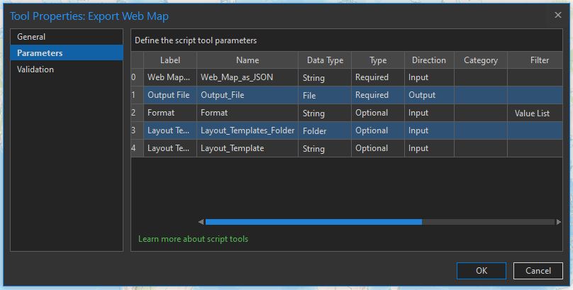 Configuración de parámetros en el cuadro de diálogo de propiedades de la herramienta de script Exportar mapa web