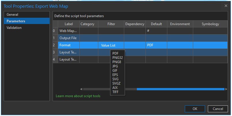 Configuración de parámetros en el cuadro de diálogo de propiedades de la herramienta de script Exportar mapa web