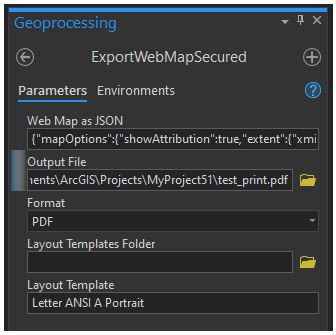 Establecimiento de parámetros en el cuadro de diálogo de propiedades de geoprocesamiento de ExportWebMapSecured