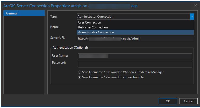 [ArcGIS Server コネクション プロパティ] ダイアログの接続タイプの設定