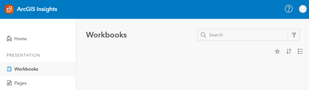 Página de ArcGIS Insights sin la opción para crear un nuevo libro de trabajo
