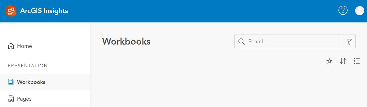 没有创建工作簿的选项的 ArcGIS Insights 页面