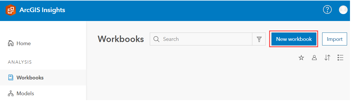 Página de ArcGIS Insights con la nueva opción de libro de trabajo