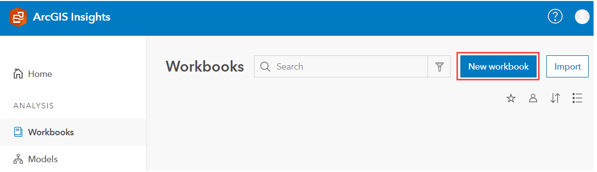 包含新建工作簿选项的 ArcGIS Insights 页面