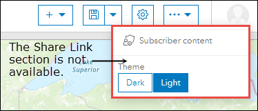 在 ArcGIS Dashboards 中，“选项”下拉菜单中的“共享链接”选项不可用。