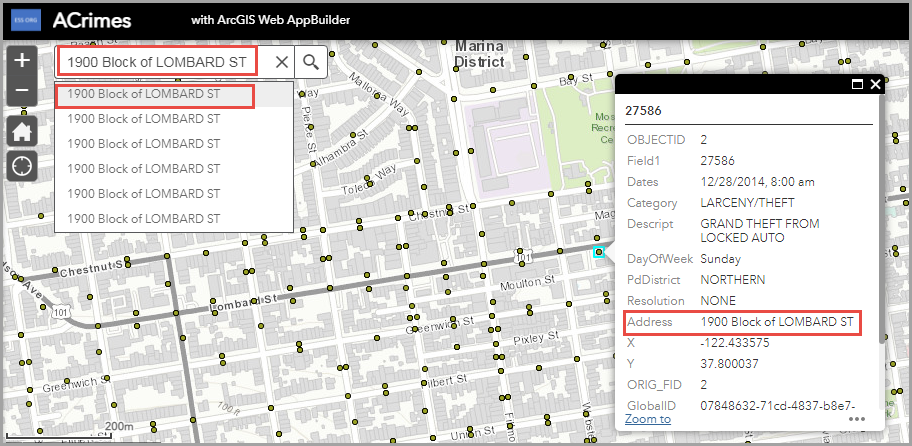Los resultados se devuelven después de introducir direcciones en el cuadro de búsqueda en ArcGIS Web AppBuilder.