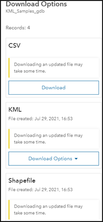 Selecione outro formato de arquivo para os dados nas Opções de Download no ArcGIS Hub.