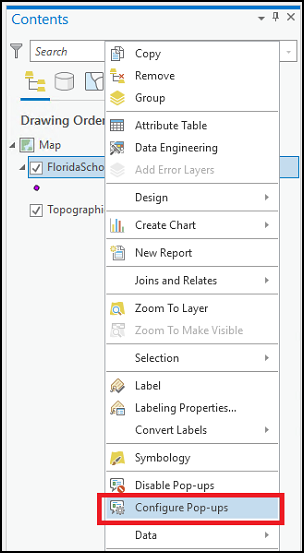 [コンテンツ] ウィンドウでフィーチャクラスを右クリックすると、[ポップアップの構成] オプションがあるドロップダウン リストが表示されます。