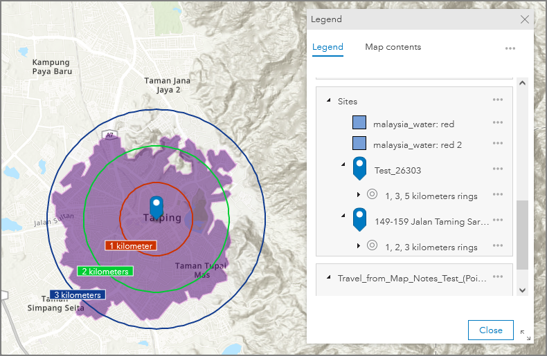 Final result of distance radius on top of driving-time areas polygon